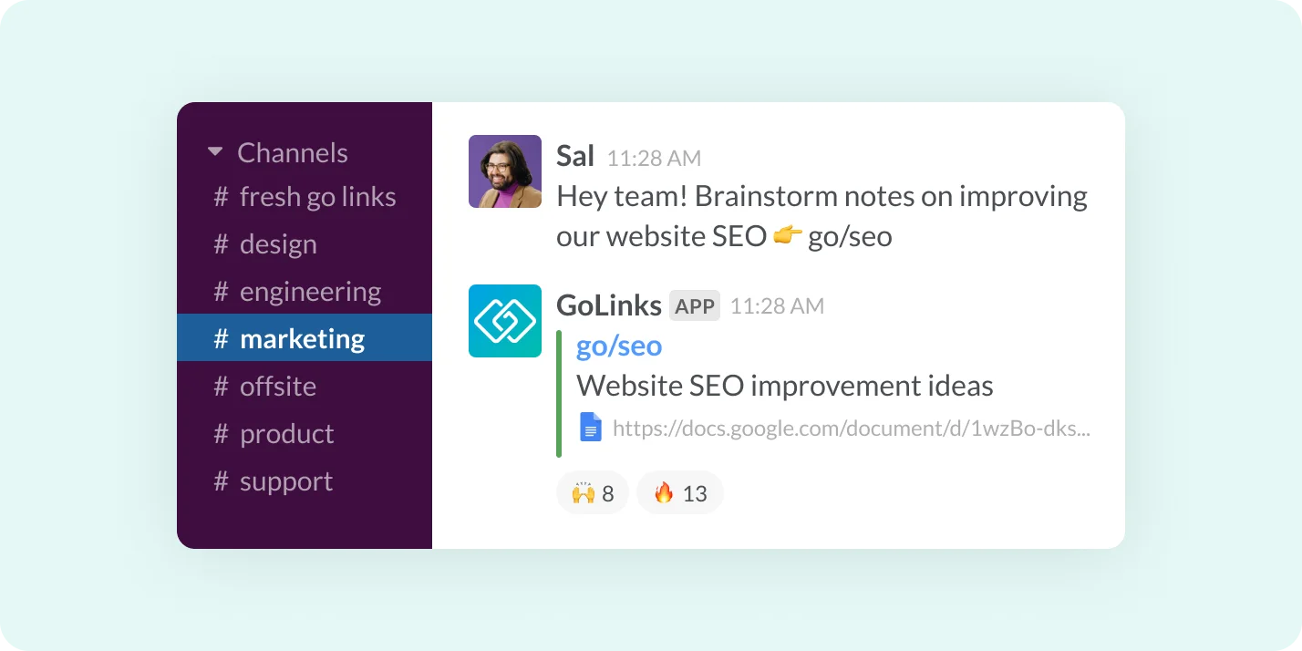 Go Links® embeds in slack channels